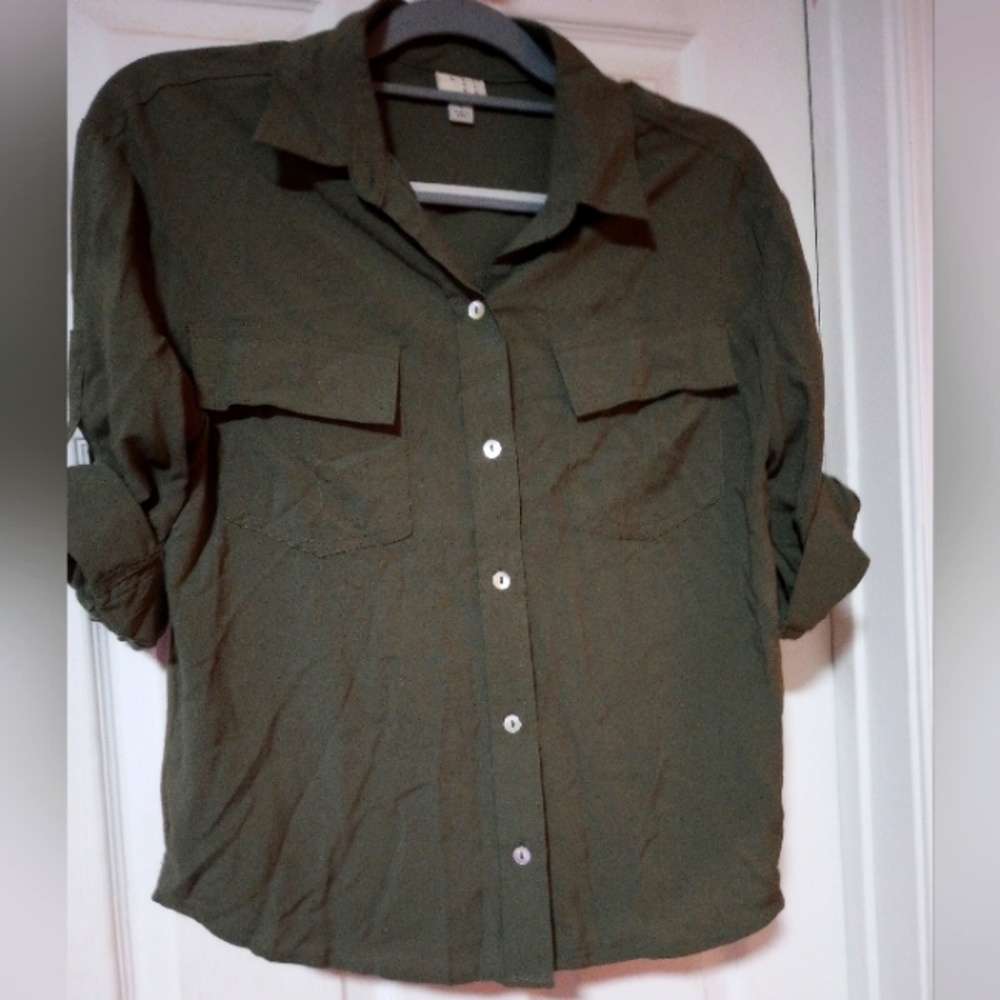 A New Day size small button down shirt olive green